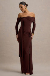 Jovie | Brown Bardot Wrap Maxi Dress With Sash Detail
