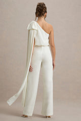Alice | Cream Asymmetric Bow Shoulder Jumpsuit With Drape