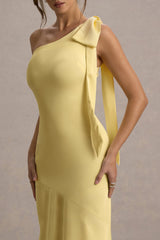 Here For Love | Pale Lemon Satin Asymmetric Maxi Dress With Bow