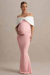 Libra | Pink & White Bow Bardot Maternity Maxi Dress
