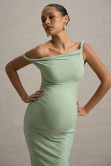 Salome | Light Green Twisted Asymmetric Maternity Midi Dress