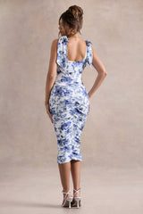 Cordelia | Blue Porcelain Print Bodycon Midi Dress With Bow Straps