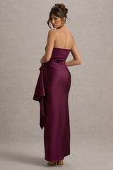 Loz | Burgundy Satin Bandeau Draped Maxi Dress