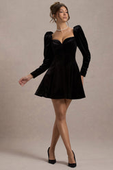 Shirley | Black Velvet Sweetheart Puff-Sleeve Mini Dress