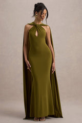 Rhoda | Green Twist Halter-Neck Cape Maxi Dress