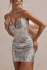 Sugar | Off-White Feathered Sequin Mini Dress With Satin Bow