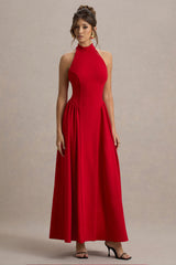 Cynthia | Red High-Neck Maxi Dress With Volume Skirt