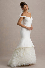 The Greatest | White & Cream Bardot Maxi Dress With Tulle Skirt