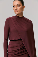 Celeste | Burgundy Long-Sleeve Mini Dress With Cape Sleeve