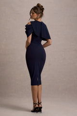 Dorothea | Navy Draped Midi Dress With Cape