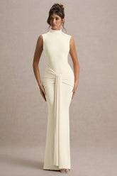 Graziana | Pale Lemon High-Neck Gathered Draped Maxi Dress