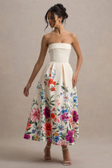 Annalise | Light Pink Floral Print Bandeau Skater Midi Dress