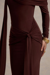 Jovie | Brown Bardot Wrap Maxi Dress With Sash Detail