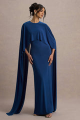 Padma | Blue Draped Maxi Dress With Cape Sleeves