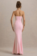My Muse | Pink Ruched Bandeau Split Maxi Dress With Flowers
