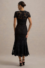 Clarissa | Black Lace Short-Sleeve Pleated Midi Dress