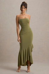 Capria | Olive Green Bandeau Wrap Maxi Dress