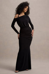 Deanna | Black Asymmetric Long-Sleeve Ruched Maxi Dress