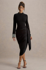 Luanna | Black Satin Long-Sleeve Midi Dress With Draped Skirt