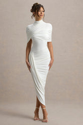 Enchant | White Asymmetric Twisted Cape Midi Dress