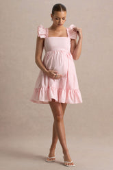 Dolly Daze | Blush Ruffle Sleeve Babydoll Maternity Mini Dress
