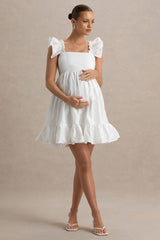 Dolly Daze | White Ruffle Sleeve Babydoll Maternity Mini Dress