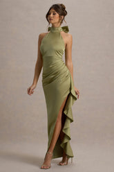 Maureen | Light Green Satin High-Neck Draped Maxi Dress