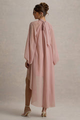 Delphia | Pale Pink High-Neck Maxi Dress With High-Low Hem