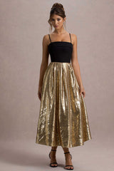 Nicci | Black & Gold Strappy Midi Dress With Sequin Skirt