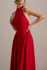Cynthia | Red High-Neck Maxi Dress With Volume Skirt