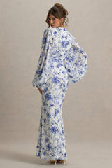 Casarile | Blue Floral Print V-Neck Balloon Sleeve Maxi Dress
