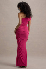 Alethea | Hot Pink Asymmetric Bardot Maxi Dress