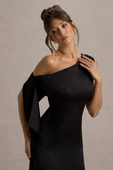 Nicola | Black Satin Asymmetric Bardot Draped Maxi Dress