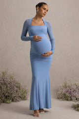 Abeam | Powder Blue Maternity Maxi Dress With Sheer Sleeves