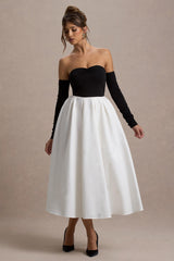 Solada | Black & Cream Bardot Pleated Midi Dress