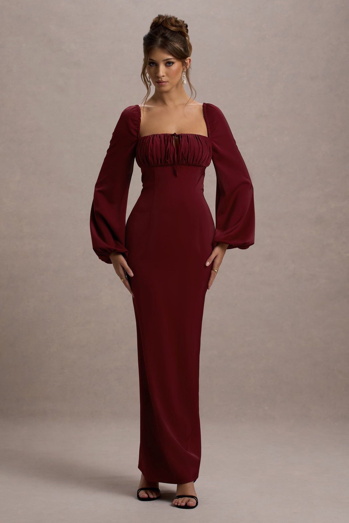 Nika | Berry Satin Square-Neck Balloon-Sleeve Maxi Dress