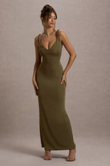 Twist Of Fate | Khaki Green Twist-Neck Maxi Dress
