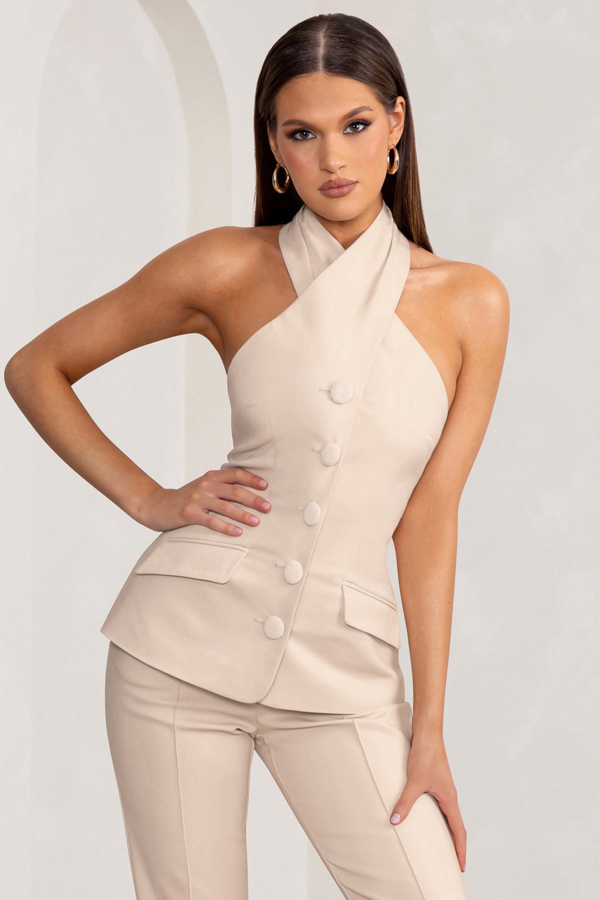 Remi | Stone Cross Halter Neck Sleeveless Tailored Top