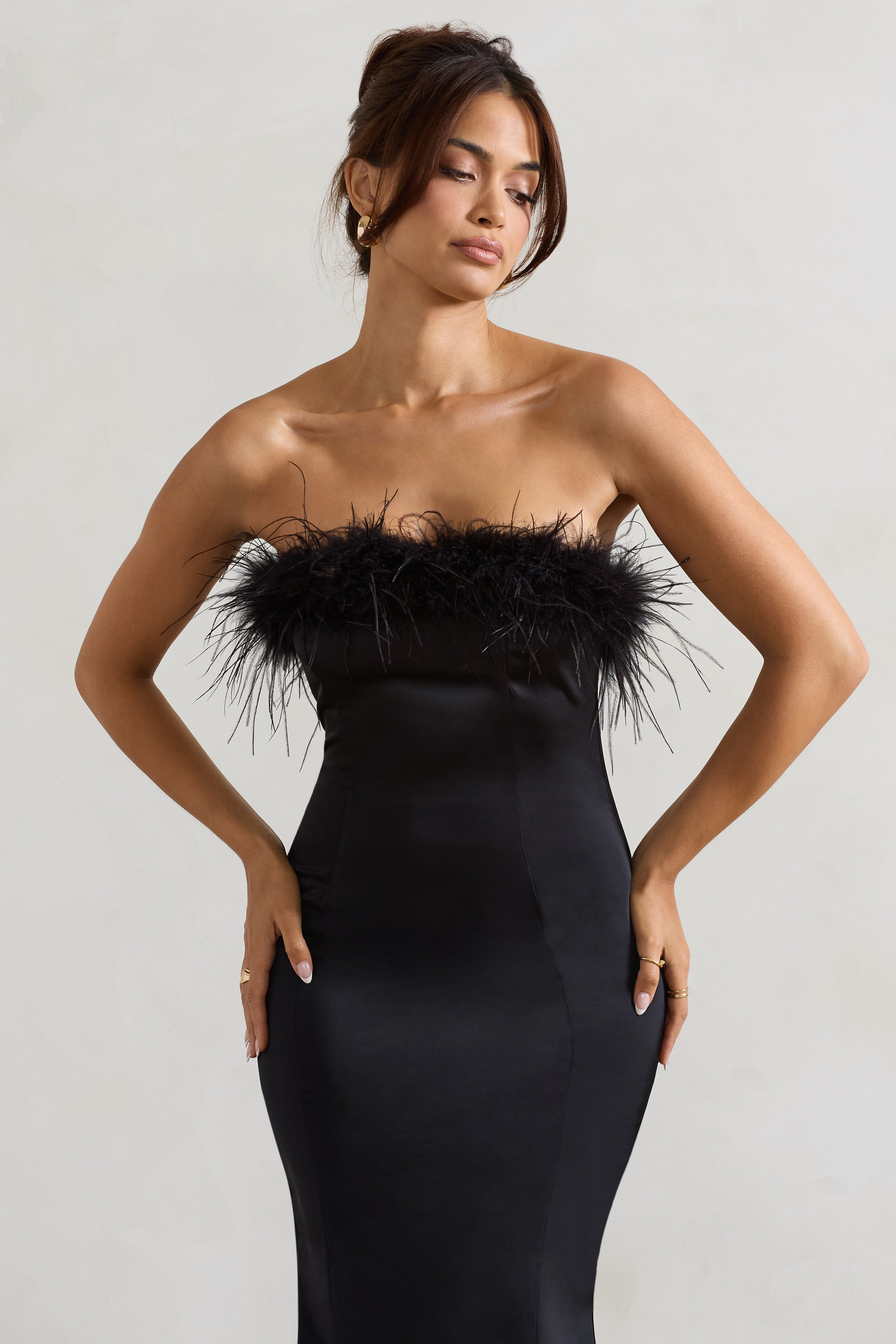 One And Only | Black Satin Feather Trim Bandeau Midi Dress