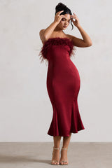 One And Only | Berry Satin Feather Trim Bandeau Midi Dress