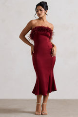 One And Only | Berry Satin Feather Trim Bandeau Midi Dress
