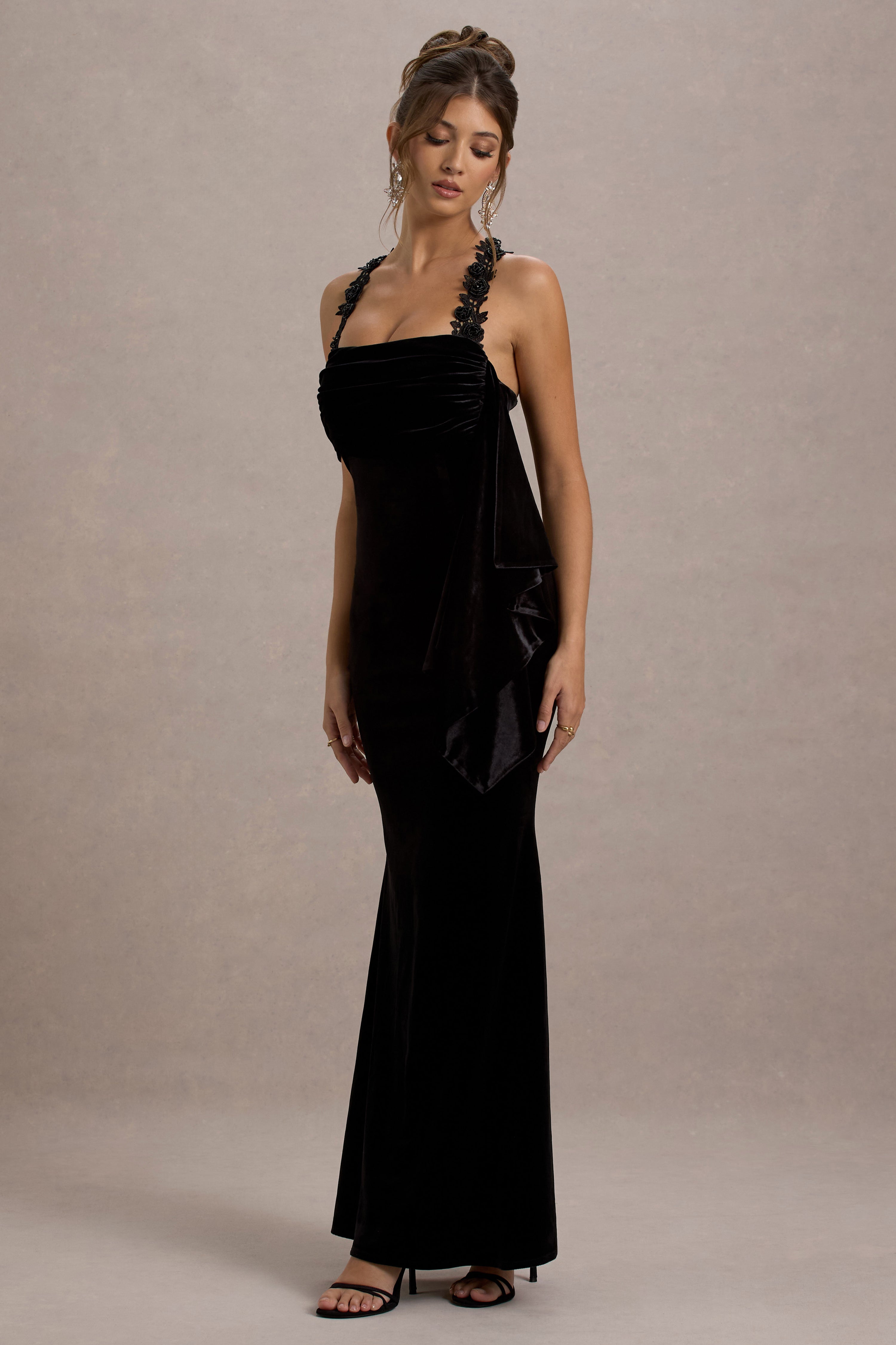 Charlize | Black Velvet Halter-Neck Draped Maxi Dress