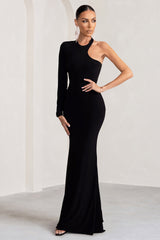 Tyra | Black Asymmetric Neck Cut Out Maxi Dress With Open Back Detail