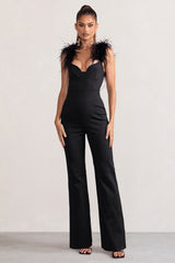 Verity | Black Feather Shoulder Corset Style Jumpsuit