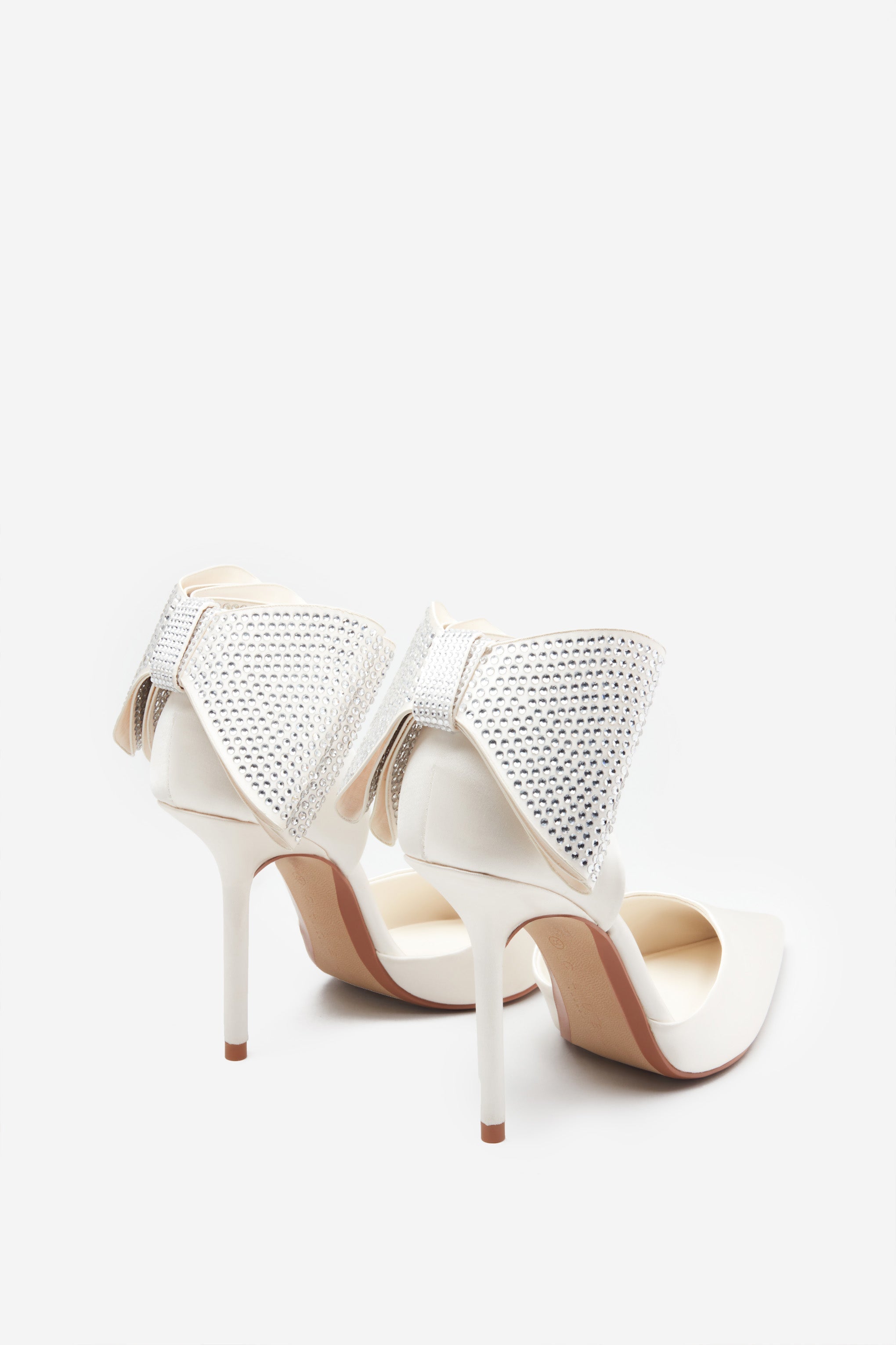 Flashing Lights | Ivory Satin Pointed Court Heels With Diamante Bows