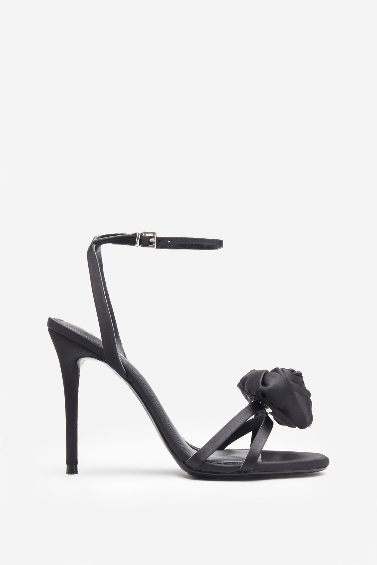 Sweet Step | Black Satin Strappy Heeled Sandals With Flowers