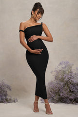 Salome | Black Twisted Asymmetric Maternity Midi Dress