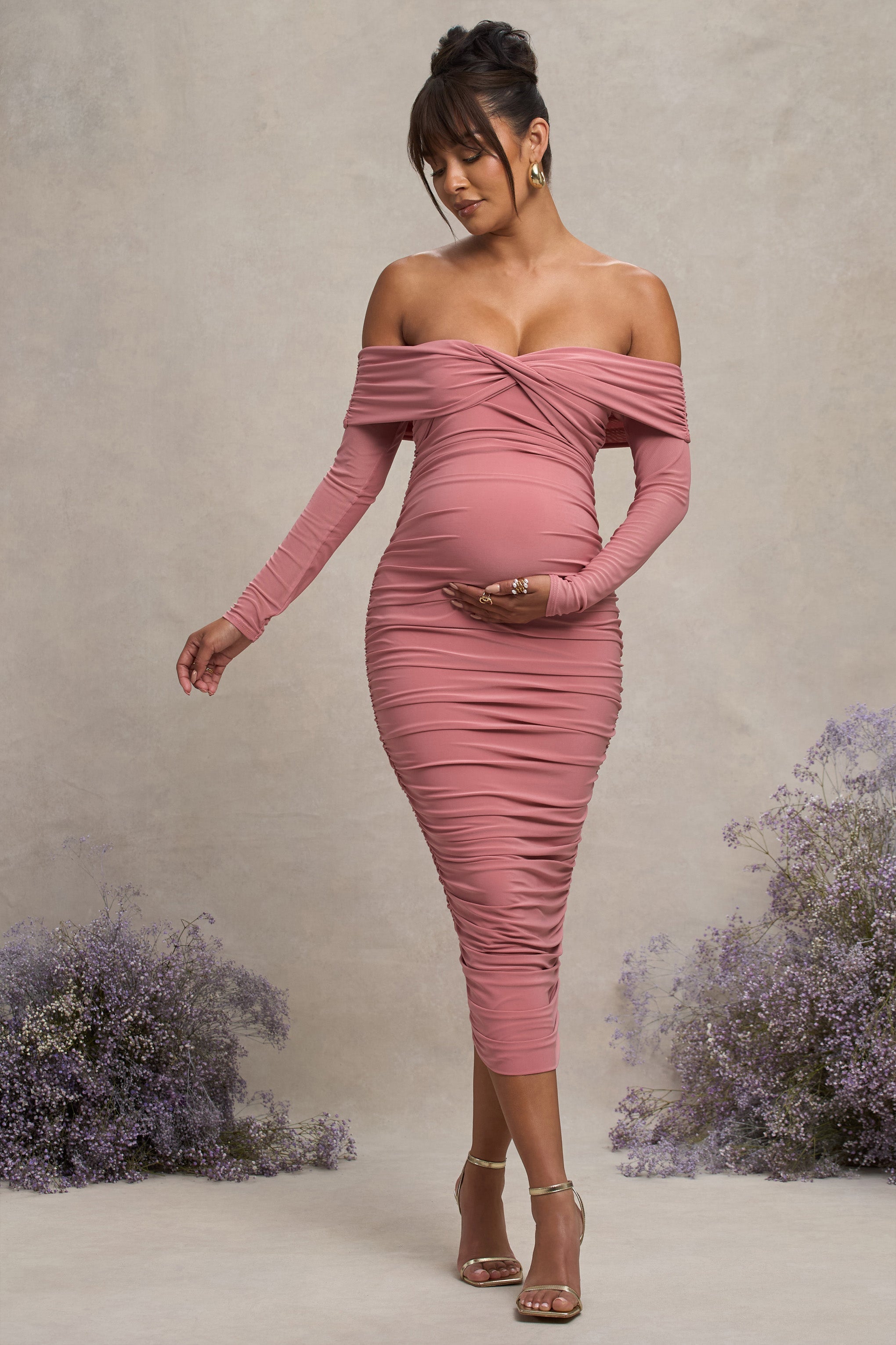 Neva | Blush Bardot Twist Maternity Midi Dress
