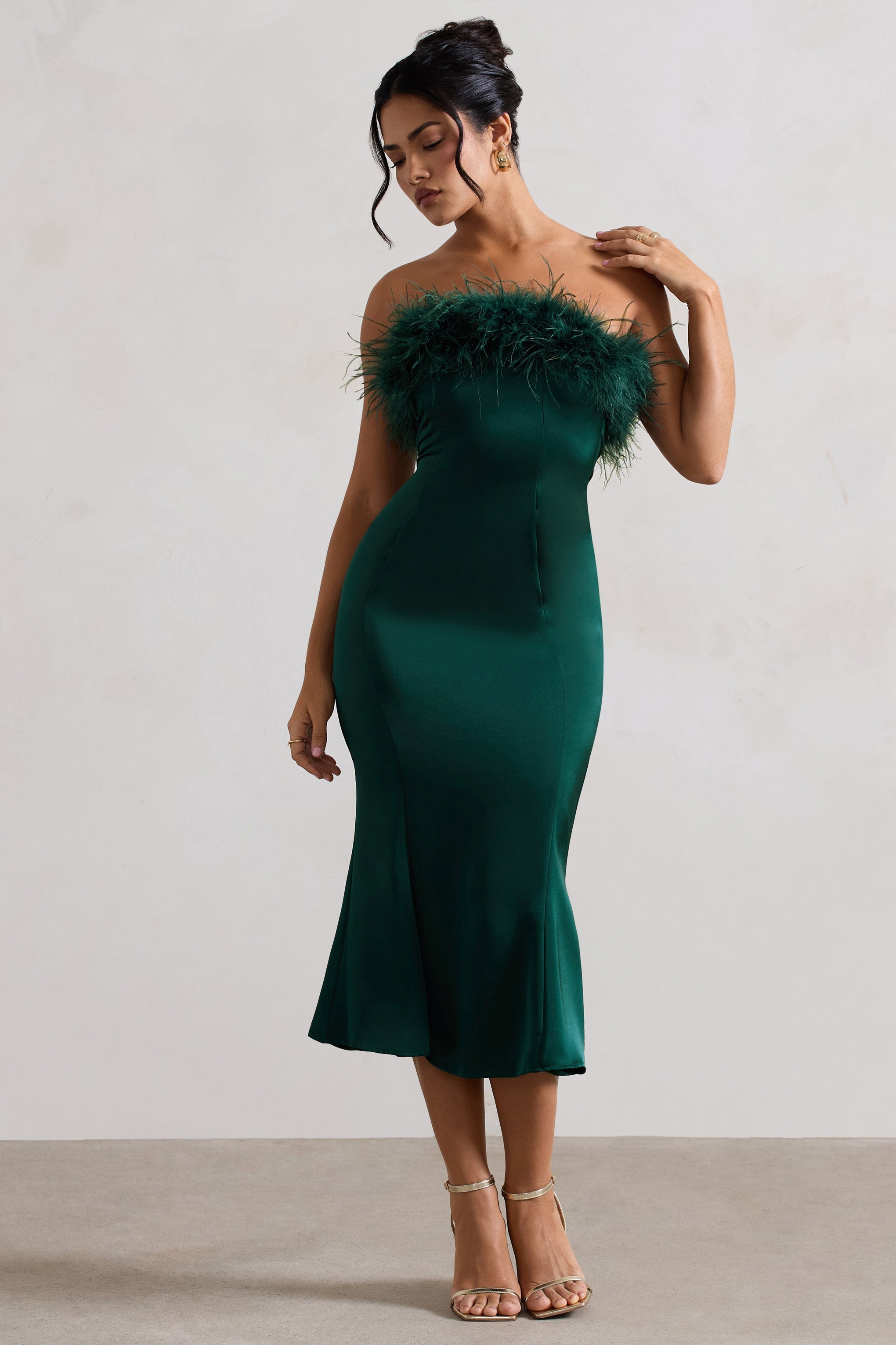 One And Only | Bottle Green Satin Feather Trim Bandeau Midi Dress