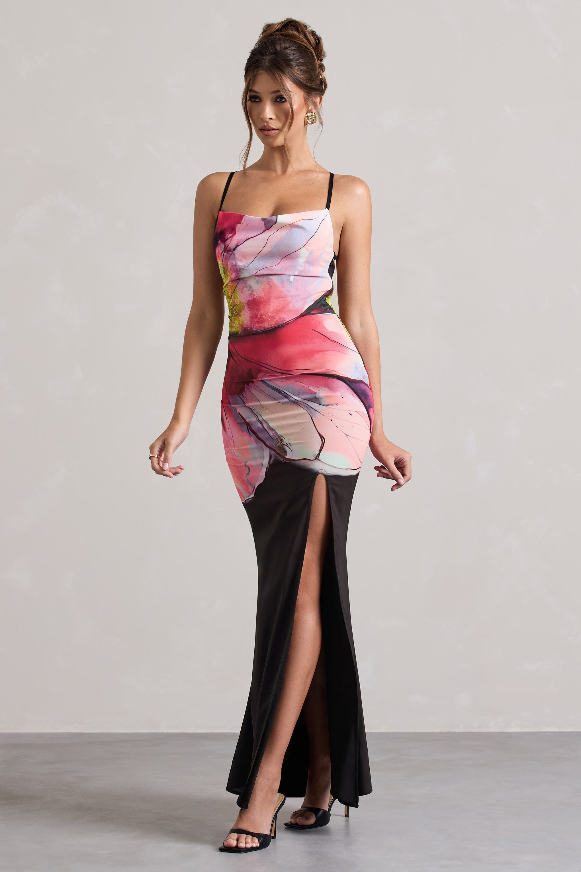 Kali | Black Floral Print Cowl-Neck Open-Back Split Maxi Dress